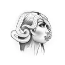 Eva in profile looking forward while holding an apple and looking at the snake coiled around a tree in front of her. tattoo design idea