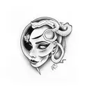 Eva in profile looking forward while holding an apple and looking at the snake coiled around a tree in front of her. tattoo design idea