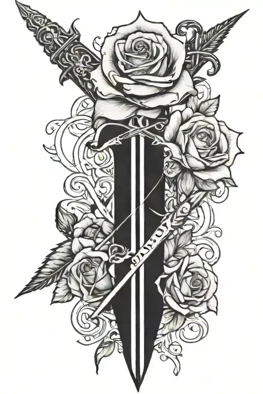 rose and dagger with " II · XVII · MMXXIV" written tattoo design idea