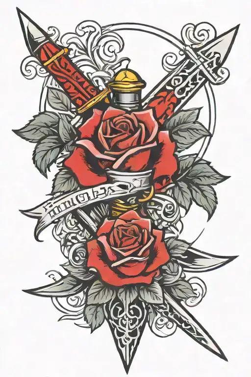 rose and dagger with " II · XVII · MMXXIV" written tattoo design idea