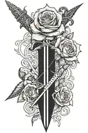 rose and dagger with " II · XVII · MMXXIV" written tattoo design idea