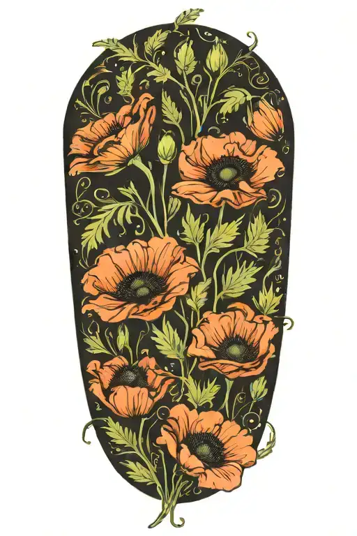 Poppies and ferns Art Nouveau style tattoo design idea