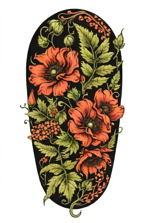 Fern leaves with poppy, henbane and atropa belladonna flowers tattoo design idea