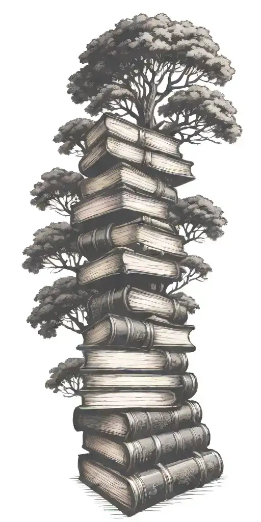 Create an art nouveau tattoo design featuring a large stack of old books from which an oak tree is growing. tattoo design idea