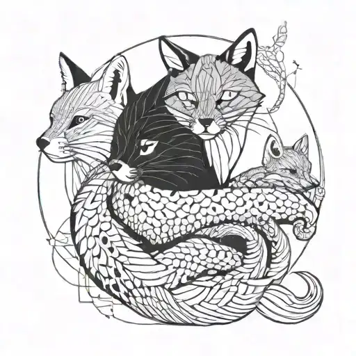 A black cat, a fox, a squirel and a snake coiled sleeping together tattoo design idea