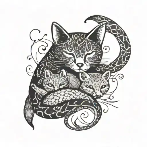 A black cat, a fox, a squirrel and a snake coiled sleeping together tattoo design idea