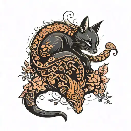 A black cat, a fox, a squirrel and a snake coiled sleeping together tattoo design idea