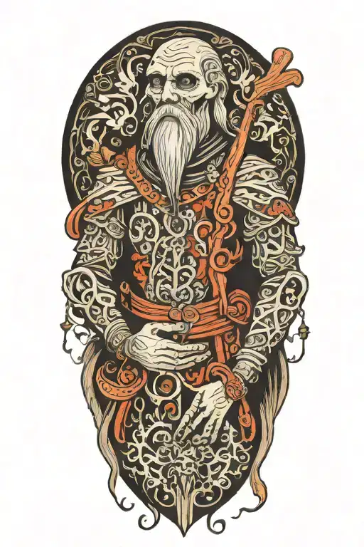 Baba Yaga hug in Slavic patterns tattoo design idea