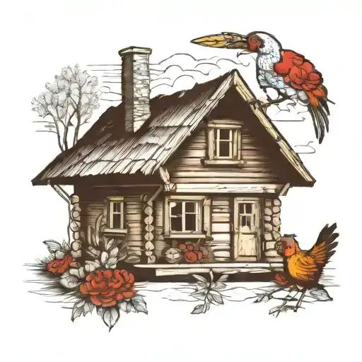 a traditional Polish hut which is standing on one large chicken leg tattoo design idea