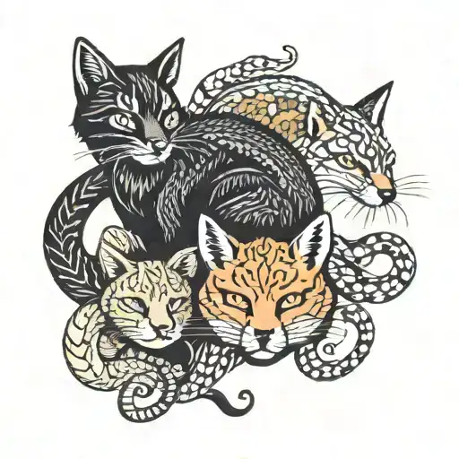 A black cat, a fox, a squirel and a snake coiled sleeping together tattoo design idea