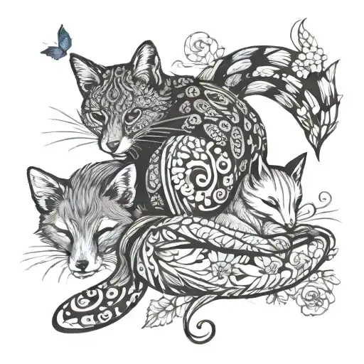 A black cat, a fox, a squirrel and a snake sleeping together tattoo design idea