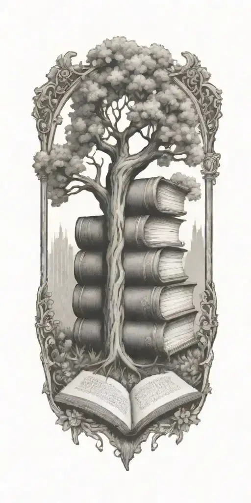 Create an art nouveau tattoo design featuring a large stack of old books from which an oak tree is growing. tattoo design idea