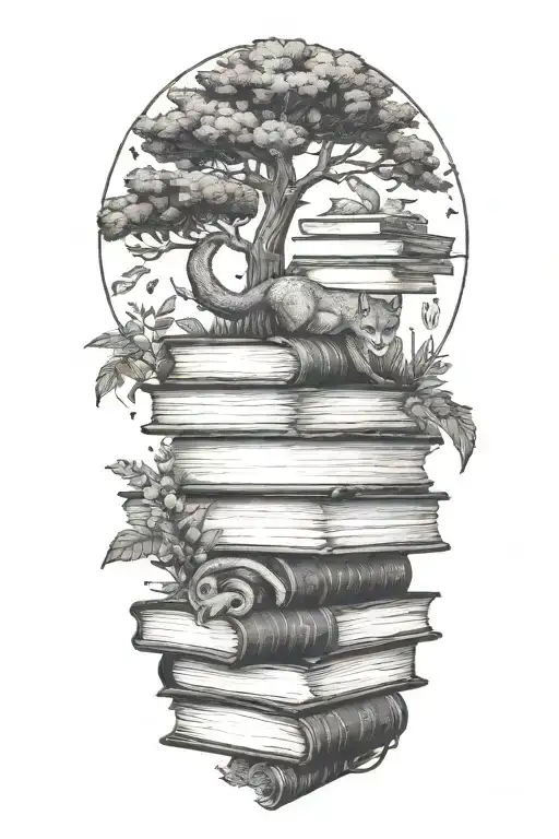 Book stack growing into an oak tree with poppy flowers and fern leaves, a fox and snake  tattoo design idea