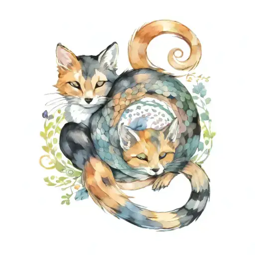 A black cat, a fox, a squirrel and a snake coiled sleeping together tattoo design idea