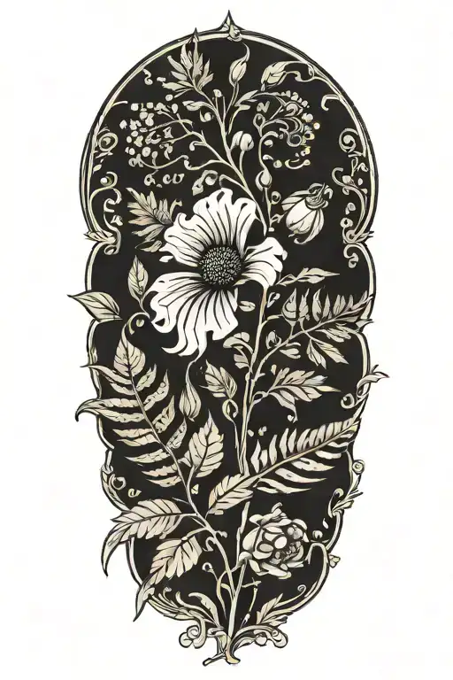Fern leaves with poppy, henbane and belladonna flowers tattoo design idea