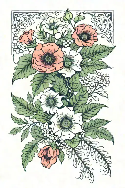 Fern leaves, poppy flowers, henbane flowers, belladonna flowers and berries tattoo design idea
