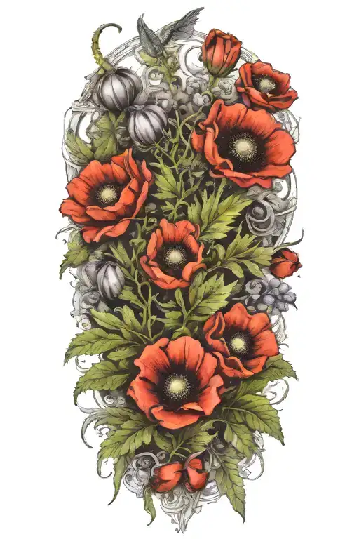 Fern leaves with poppy, henbane and belladonna poison flower tattoo design idea