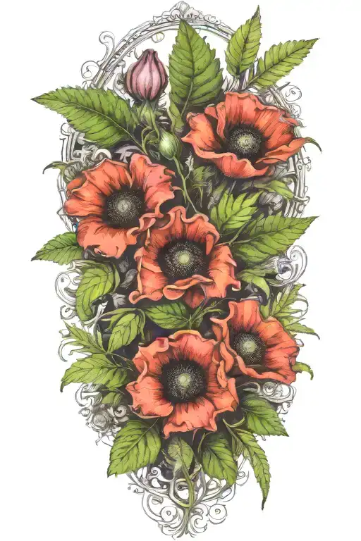 Fern leaves with poppy, henbane and belladonna poison flower tattoo design idea