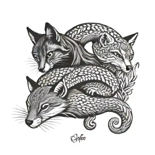 A black cat, a fox, a squirrel and a snake coiled sleeping together tattoo design idea