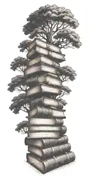 Create an art nouveau tattoo design featuring a large stack of old books from which an oak tree is growing. tattoo design idea