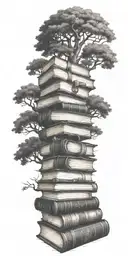 Create an art nouveau tattoo design featuring a large stack of old books from which an oak tree is growing. tattoo design idea