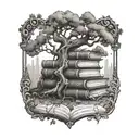 Create an art nouveau tattoo design featuring a large stack of old books from which an oak tree is growing. tattoo design idea