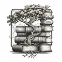 Create an art nouveau tattoo design featuring a large stack of old books from which an oak tree is growing. tattoo design idea