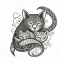 A black cat, a fox, a squirrel and a snake coiled sleeping together tattoo design idea