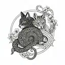A black cat, a fox, a squirrel and a snake coiled sleeping together tattoo design idea