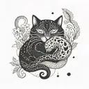 A black cat, a fox, a squirrel and a snake coiled sleeping together tattoo design idea
