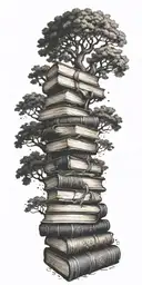 Create an art nouveau tattoo design featuring a large stack of old books from which an oak tree is growing. tattoo design idea
