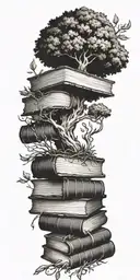 Create an art nouveau tattoo design featuring a large stack of old books from which an oak tree is growing. tattoo design idea