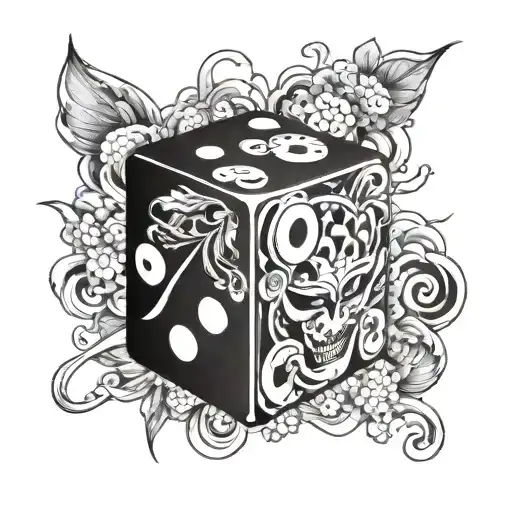 A 3D perspective dice, with a linear drawing style. One of the faces shows a "7" in a slightly surreal Style tattoo design idea