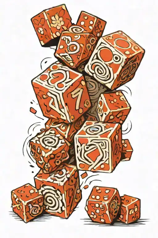 A 3D perspective dice. One of the faces shows a "7" in a slightly surreal style tattoo design idea