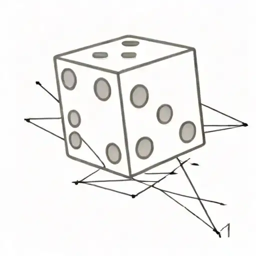 A 3D perspective dice, with a minimalistic drawing style. One of the faces shows a "7" in a slightly surreal style tattoo design idea