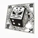 A 3D perspective dice. One of the faces shows a "7" in a slightly surreal style tattoo design idea