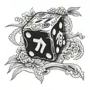 A 3D perspective dice. One of the faces shows a "7" in a slightly surreal style tattoo design idea