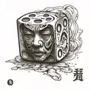 A 3D perspective dice. One of the faces shows a "7" in a slightly surreal style tattoo design idea