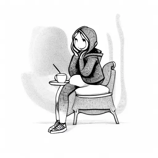 girl sitting at chair with a coffee wearing leggings and a hoodie tattoo design idea