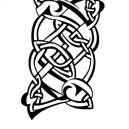 a shoulder half sleeve tattoo in black ink with alice in wonderland theme, celtic knots, and the following quotes "we're tattoo design idea
