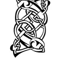 a shoulder half sleeve tattoo in black ink with alice in wonderland theme, celtic knots, and the following quotes "we're tattoo design idea
