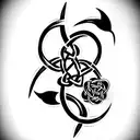 a shoulder half sleeve tattoo in black ink with alice in wonderland theme, celtic knots, and the following quotes "we're tattoo design idea