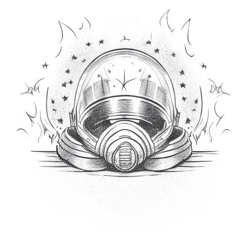 An army helmet engulfed in flames with stars in the background tattoo design idea