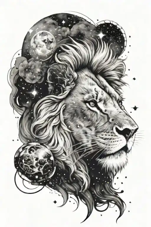 A lions head in a galaxy with stars and planets in black and white  tattoo design idea