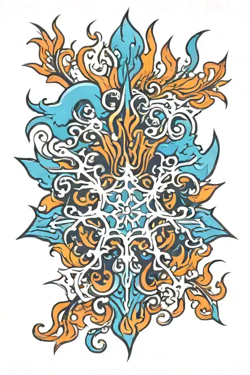 bright blue snowflake with flames coming off tattoo design idea