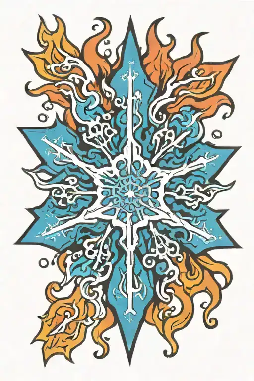 bright blue snowflake with flames coming off tattoo design idea