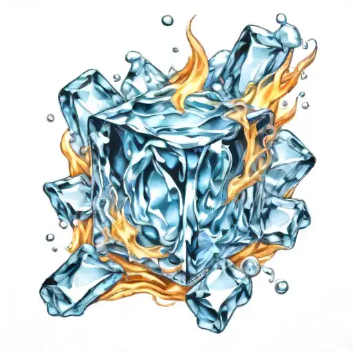 blue ice cube with bright flames coming off tattoo design idea