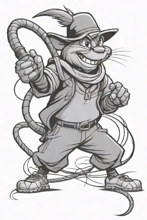 Disney cricket character with a whip in a black-grey style tattoo tattoo design idea