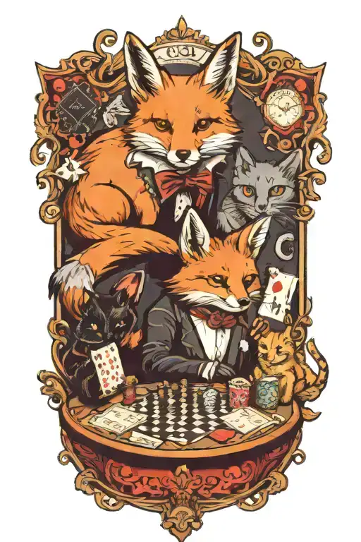 a red fox, a black cat, a white rabbit playing a board game tattoo design idea
