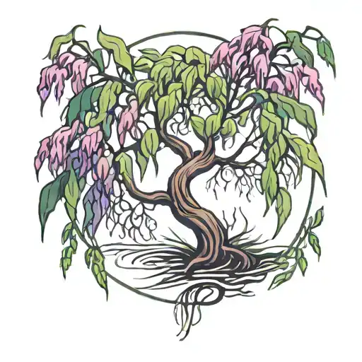 weeping willow tree with purple and green leaves blowing tattoo design idea